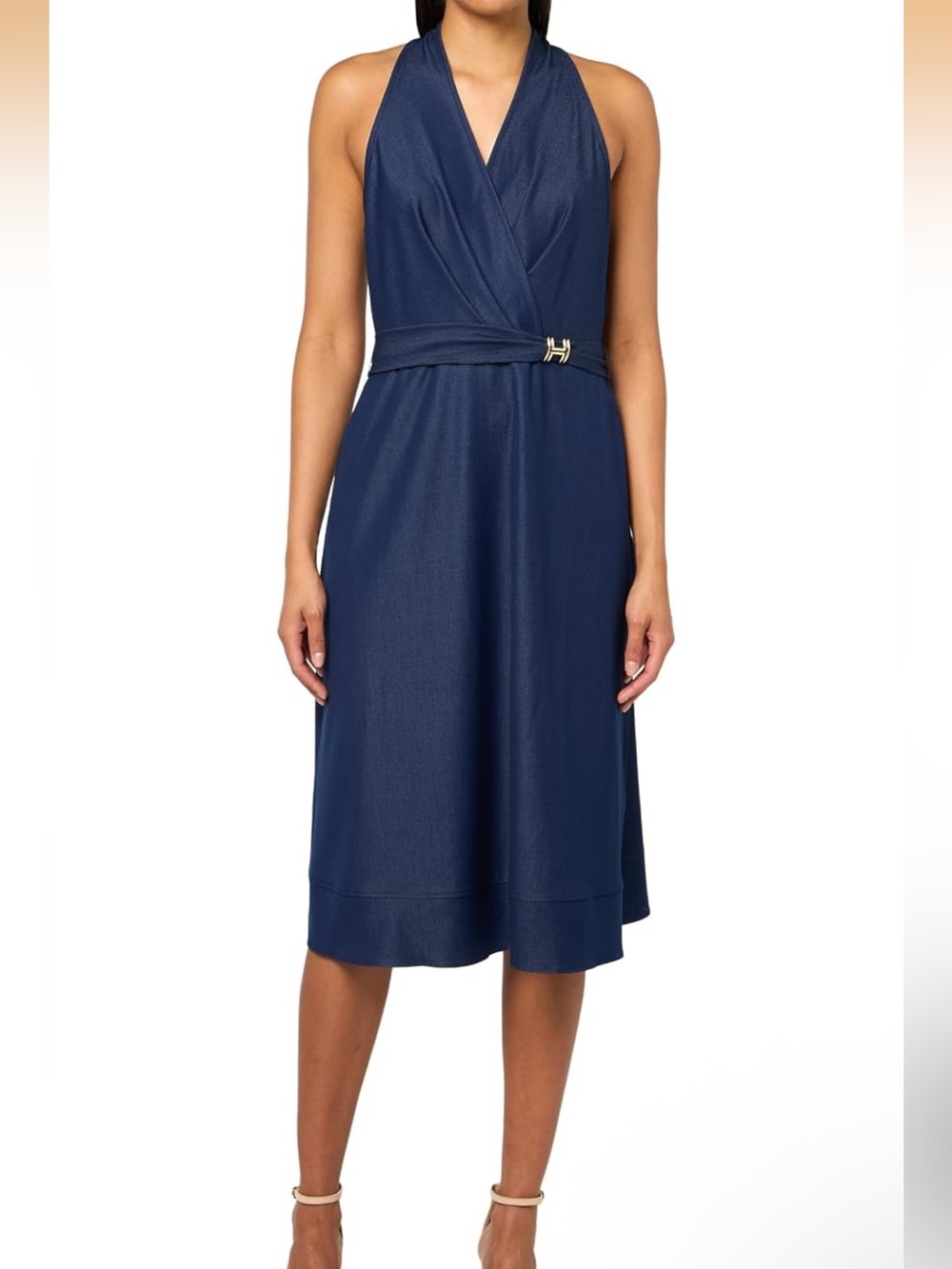 Halston Sleeveless Navy Wrap Midi Dress with Belt